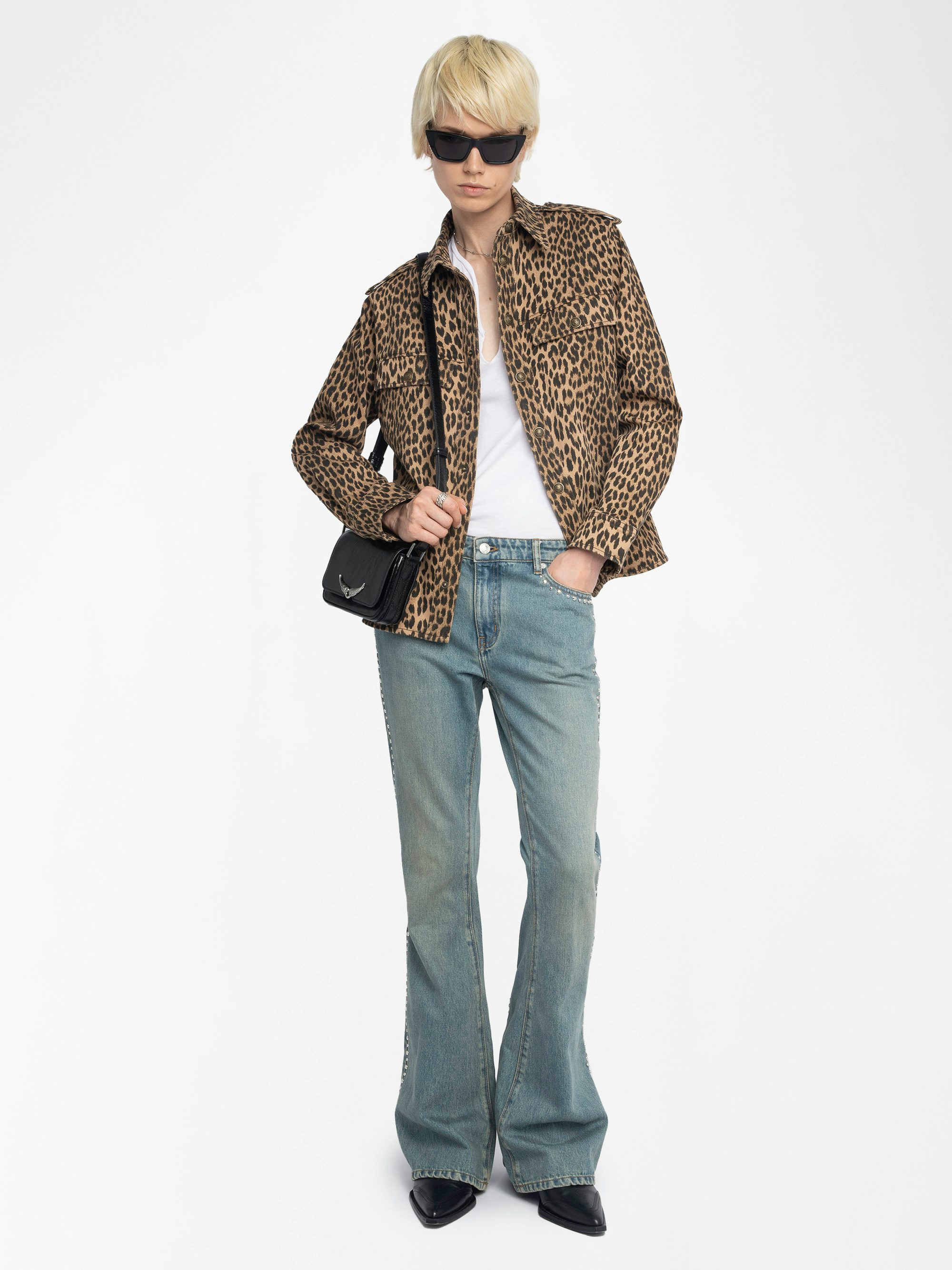 Taskam Denim Overshirt - Military denim shirt with leopard print, long sleeves.